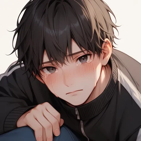 score_9,score_8_up,score_7_up,detailed face,<lora:hanman-000004:1>,1boy,black hair,bangs,track jacket,black jacket,black eyes,blush,crying with eyes open,white skin,looking at viewer,simple background,best quality,<lora:add-detail-xl:1>,