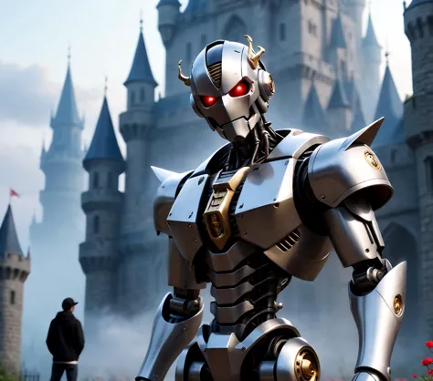 there is a robot that is standing in front of a castle