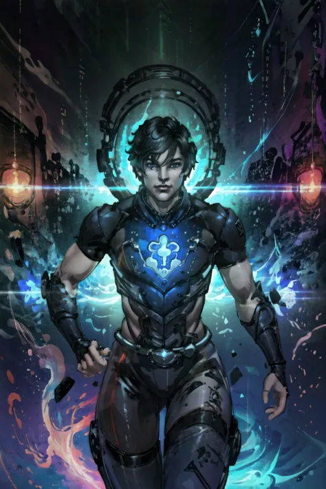 a man in armor with a glowing blue light on his chest