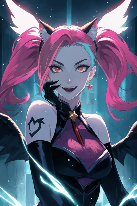 a woman with pink hair and horns in a black outfit