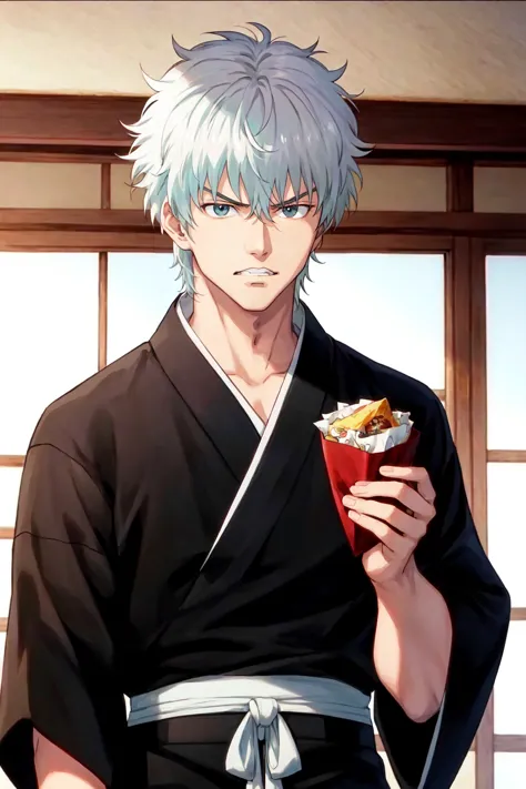 anime guy in black kimono holding a cup of food