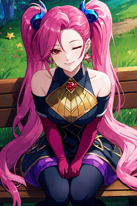 a close up of a person sitting on a bench with pink hair