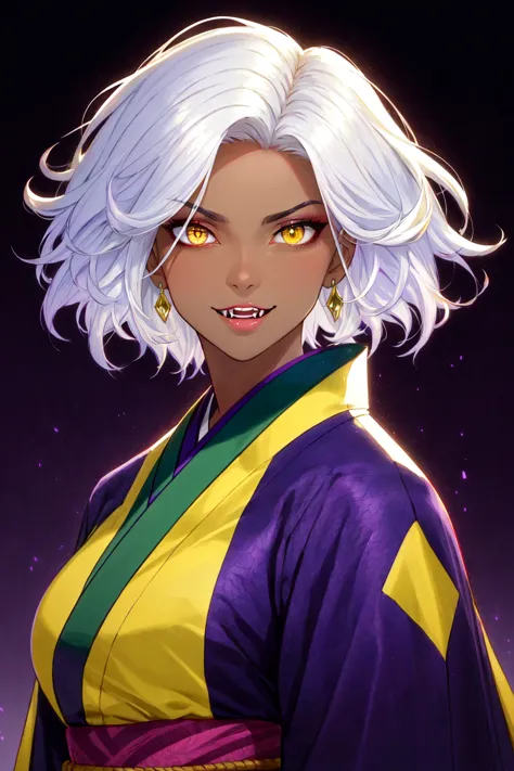 a woman with white hair and yellow eyes wearing a purple and yellow outfit