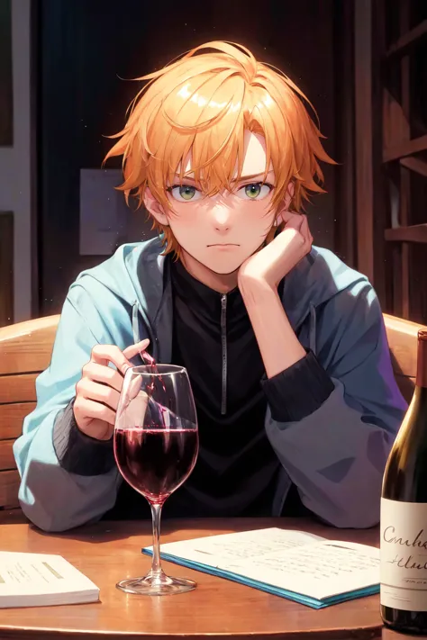 anime boy sitting at a table with a glass of wine