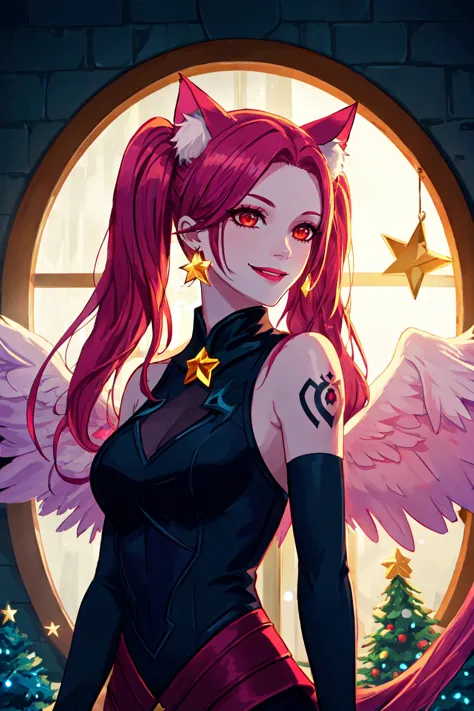 a woman with pink hair and angel wings standing in front of a window