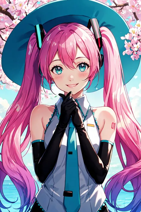 anime girl with pink hair and blue hat and gloves