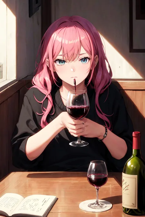 anime girl with pink hair holding a wine glass and a book