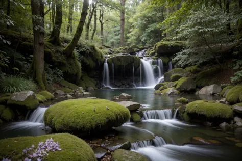 water pond, forest, (American Wisteria:1.0), rocks, moss, waterfall, dim light, cinematic light