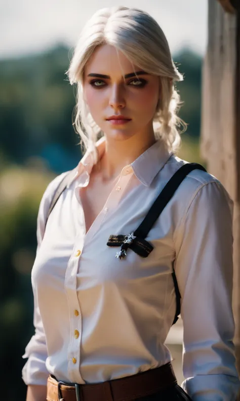 blond woman with white shirt and suspenders posing for a picture