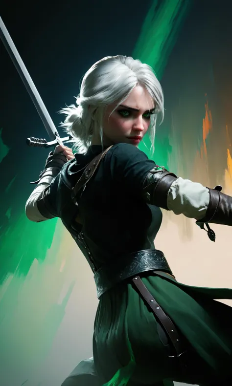 masterpiece, best quality, ultra high res, 1girl, ciri_w3 swinging her sword, green eyes, (abstract art:1.4), bleeding black, sh...