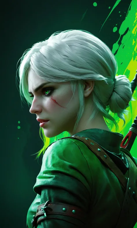 masterpiece, best quality, ultra high res, 1girl, ciri_w3, (abstract art:1.4), bleeding green, green theme, visually stunning, beautiful, evocative, emotional, side view, <lora:wowifierXL:0.5>, <lora:ciri_prodigy_21:0.85>