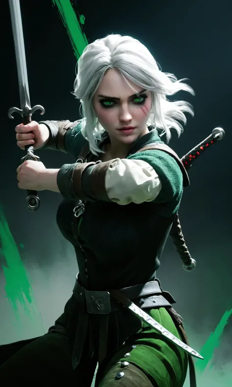 masterpiece, best quality, ultra high res, 1girl, ciri_w3 swinging her sword, green eyes, (abstract art:1.4), bleeding black, sh...