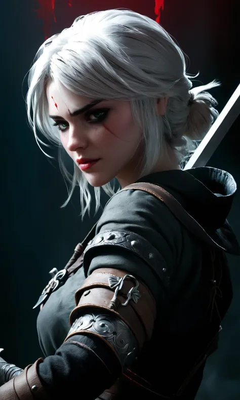 a woman with a sword in her hand and a blood stain on her face