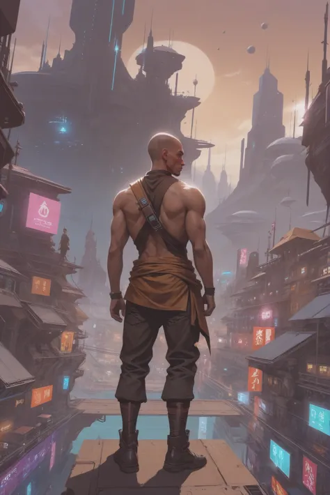 far-future cyberpunk, (full body:1.2), 1boy, man, solo, [:epic costume design,:0.2] monk, caucasian, brown hair, (muscular:1) build, cliffside,whimsical scifi town at the end of the universe<lora:EnvyStarlightFutureCyberpunk01:1>