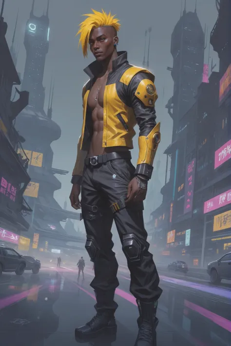 far-future cyberpunk, (full body:1.2), 1boy, man, masculine, solo, [:creative costume design,:0.2] thief, (dark skin:1.3), golde...