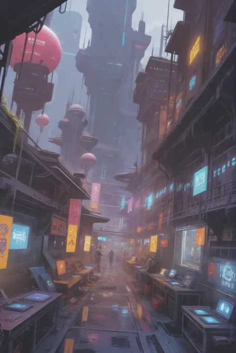 far-future cyberpunk, courtyard for festivals \(room\) in a cozy,dilapidated fantasy town outside of the multiverse<lora:envysta...