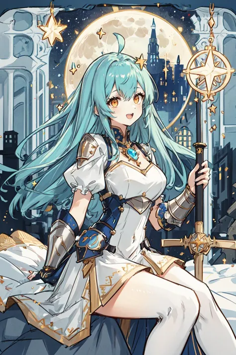 highres, highest quallity, 1girl, adult, solo_focus, solo, (sexy, beautiful woman, perfect face, perfect eyes, perfect female body, kkw-h-bb)1.5, (hypnotized:1.2), green_hair, orange_eyes, seductive_smile, open_mouth, swept bang, armored_dress, knight, star \(symbol\), star_theme, brooch, elemental, glowing_eyes, moon, night_sky, night, starry sky,skyline, ahoge, long_hair, ruins, holding_sword