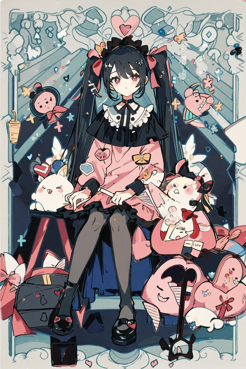 masterpiece, best quality, (jirai_kei),1girl, solo, long_hair, looking_at_viewer, shirt, black_hair, long_sleeves, bow, ribbon, twintails, sitting, monochrome, hair_bow, heart, pantyhose, frills, food, shoes, choker, blunt_bangs, black_skirt, pink_eyes, stuffed_toy, pink_background, stuffed_animal, frilled_skirt, pink_bow, (fishnets), candy, bandaid, pink_shirt, teddy_bear, lollipop, (fishnet_pantyhose), platform_footwear, pink_theme, pill, heart-shaped pupils, 
