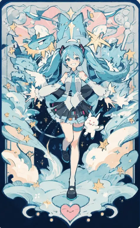 (masterpiece), (best quality),(miku),(border),(looking at viewer),1girl,(grin),happy,smile,small breasts,full body, dynamic pose,<lora:animeLikeTarotCardArt_v10:0.6> ,<lora:cutescrap05v_cutescrap3:0.4>,simple background