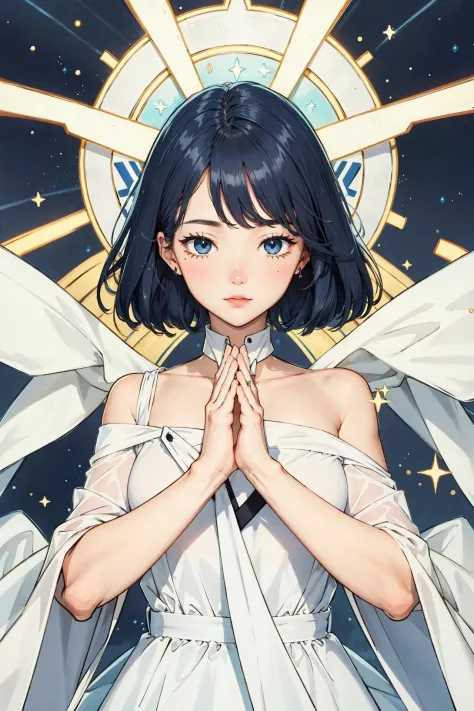 tarot,Hands together,vulcan salute,Attention, halo behind head,finely_detailed, perfect_body, perfect_eyes, perfect_face, perfect_fingers,<lora:animeTarotCardArtStyleLora_v20Offset:0.5>, <lora:koreanDollLikeness_v15:0.3>