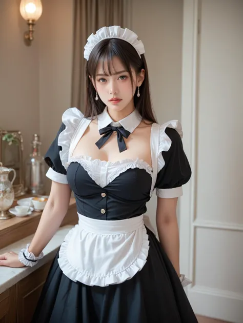 a close up of a woman in a maid outfit posing for a picture