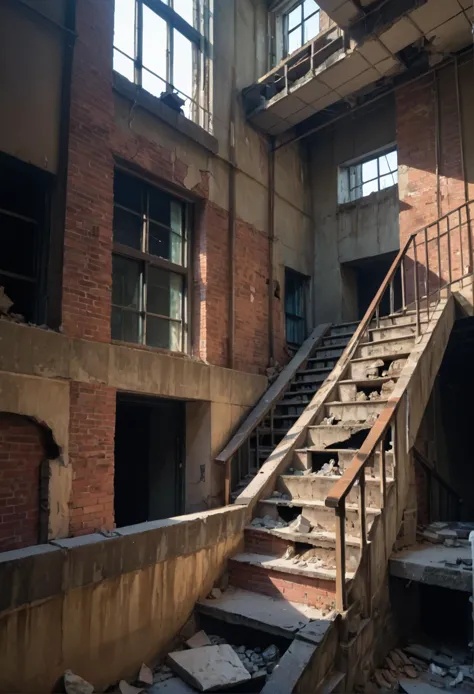 a close up of a staircase in an old building with a broken window