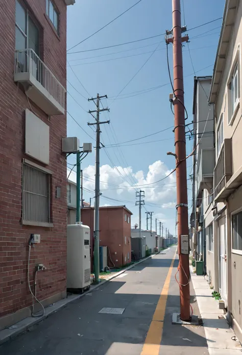 there is a street with a telephone pole and a building