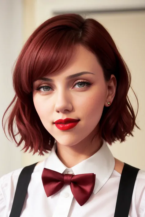 a close up of a woman with a bow tie and a white shirt