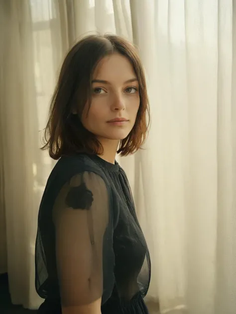 a close up of a woman in a black dress standing near a window