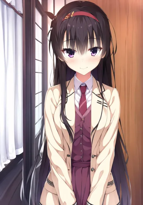 anime girl in a school uniform standing in a hallway