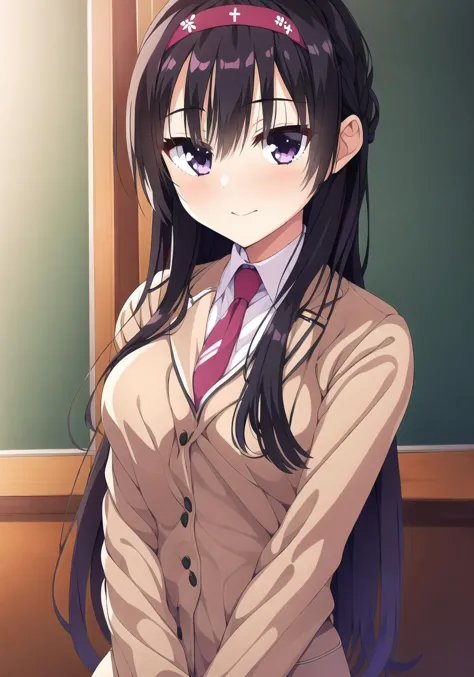 anime girl with long black hair and a red tie