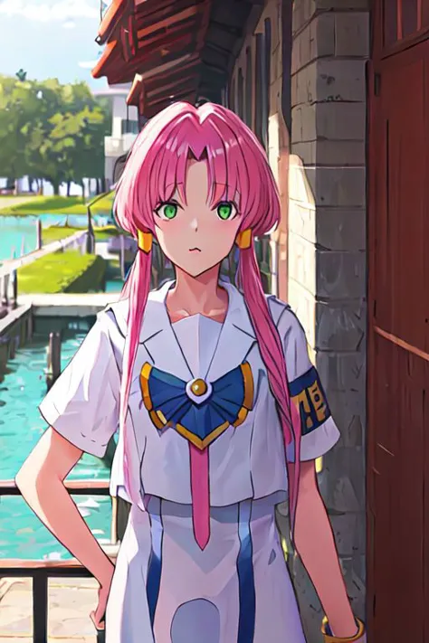 anime girl with pink hair and blue dress standing by a river