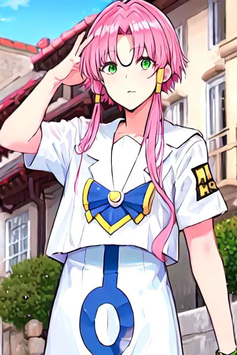 anime girl in uniform with pink hair and blue eyes