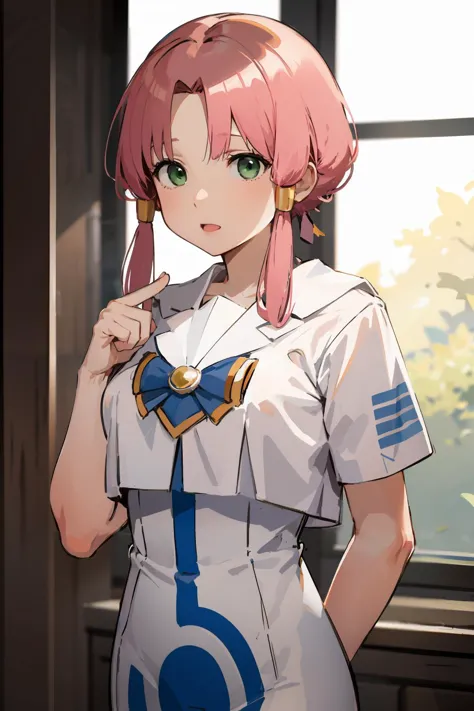 anime girl with pink hair and blue dress standing in front of a window