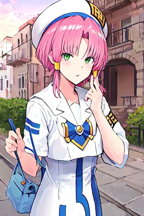 akarim, pink hair, hair tubes, green eyes, white dress, sailor collar