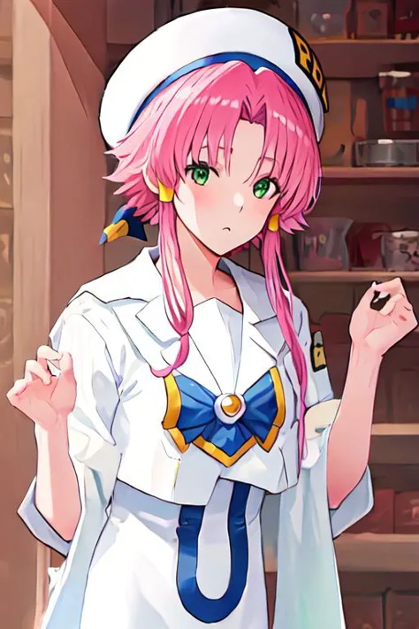 akarim, pink hair, hair tubes, green eyes, white dress, sailor collar