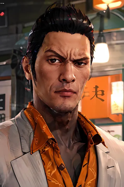 <lora:FRNK_Kiryu:0.7> Kiryu, black hair, brown eyes, serious, white suit with orange shirt underneath, in japanese city <lora:RocksEyebrowRaise:1> portrait, raised eyebrow, thick eyebrows,close up, (masterpiece:1.2) (photorealistic:1.2) (best quality) (detailed skin:1.3) (intricate details) (8k) (cinematic lighting) (sharp focus)