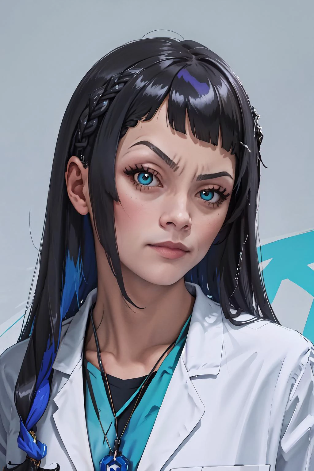 High Quality, Masterpiece, 1girl, civitai-chan, braided bangs, RocksEyebrowRaise, portrait, raised eyebrow, thick eyebrows, labcoat, close-up, necklace
