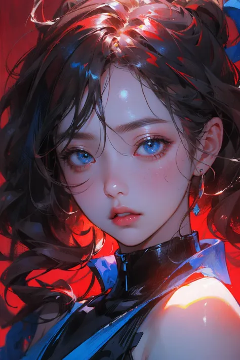 (runstyle), Draw a light on a blue, faced k-pop girl's face, (masterpiece:1.1),hi-res,4k,extremely delicate and beautiful art,pa...