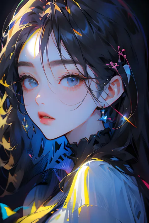 (runstyle), Draw a light on a blue, faced k-pop girl's face, (masterpiece:1.1),hi-res,4k,extremely delicate and beautiful art,pa...