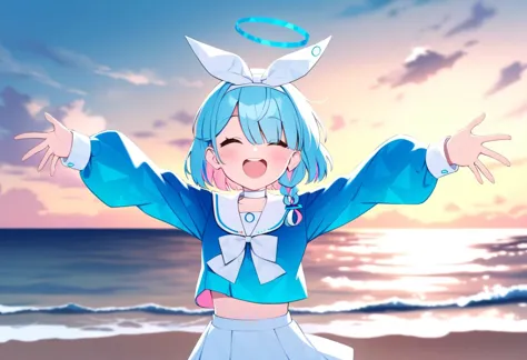 anime girl with blue hair and angel wings on the beach