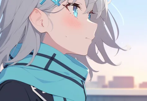 masterpiece,best quality,very aesthetic,absurdres,<lora:blue_archive_pv_a3:1>,1girl,solo,shiroko_\(blue_archive\),grey_hair,blue_eyes,blue_scarf,closed_mouth,cross_hair_ornament,profile,blush,from_side,jacket,blue_sky,wolf_ears,outdoors,school_uniform,portrait,medium_hair,