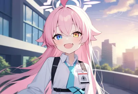 anime girl with pink hair and blue eyes in front of a building