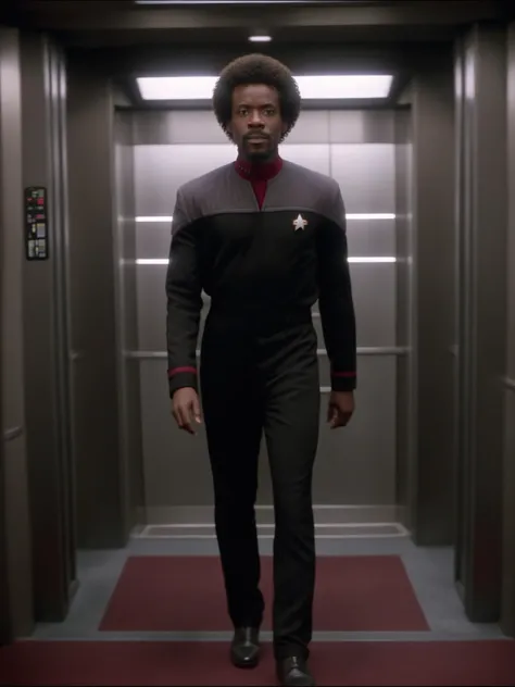 young african man with afro in black and grey ds9st uniform,red collar,in an elevator<lora:DS9XL:0.8>