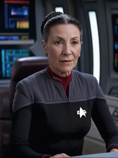 a close up of a woman in a uniform sitting at a desk