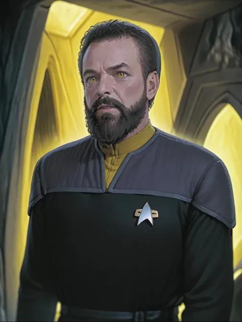 a close up of a man in a uniform with a beard