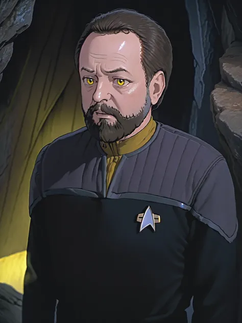 a close up of a man in a uniform standing in a cave