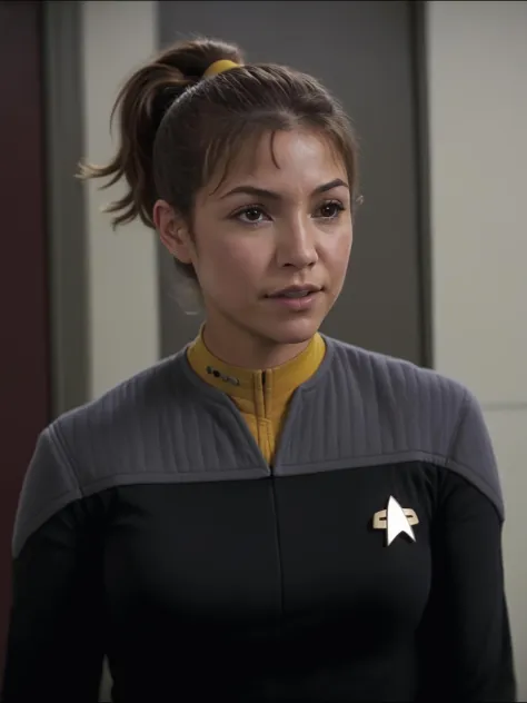 latino woman,brown hair,ponytail,black and grey ds9st uniform,yellow collar,in a hallway<lora:DS9XL:0.8>