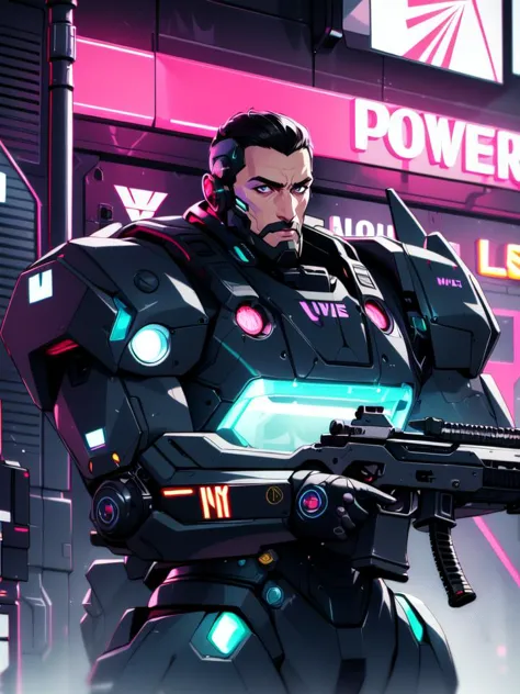 a man in a suit holding a gun in front of a neon sign