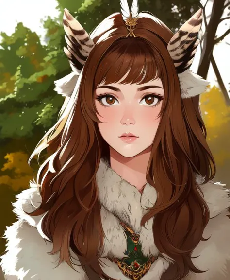 a girl with long brown hair wearing a white coat and horns